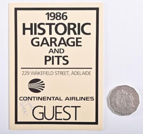 RICCARDO PATRESE: A signed 1986 Garage and Pits guest pass signed by Riccardo Patrese