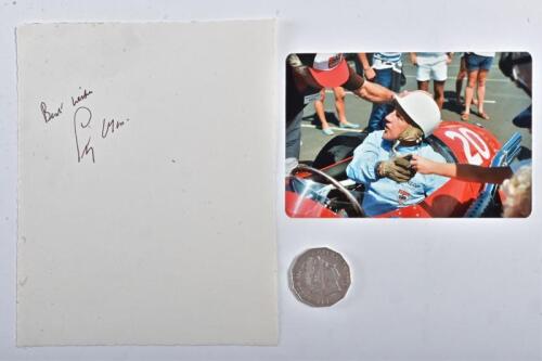STIRLING MOSS: A card signed by Stirling Moss and an original photo of him in his 1957 Maserati 250F at the 1982 tribute of champions at Sandown