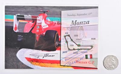 FERNANDO ALONSO/ FELIPE MASSA: A 20011 Monza event publicity card from signed by Alonso and Massa, with drivers standings on the reverse