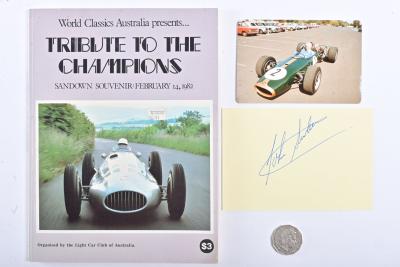 JOHN SURTEES: A signed card by John Surtees and an original photo of Surtees at the Tribute to Champions at Sandown 1982