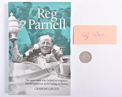 REG PARNELL: A signed card by Reg Parnell and a hardback book "Reg Parnell" by Graham Gauld, signs of removal from a scrap book to the reverse of the card