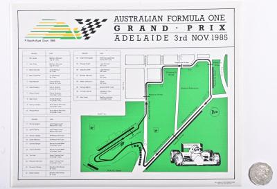 FIRST AUSTRALIAN GRAND PRIX: A placemat with a list of drivers and course map from the first Australian Grand Prix in Adelaide 1984