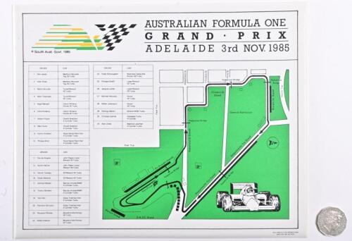 FIRST AUSTRALIAN GRAND PRIX: A placemat with a list of drivers and course map from the first Australian Grand Prix in Adelaide 1984