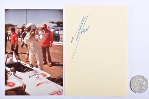 ALAN&nbsp;JONES: A signed card by Alan Jones and a photo of Jones with his Ralt RT4 at the Australian Grand Prix, Calder 1981