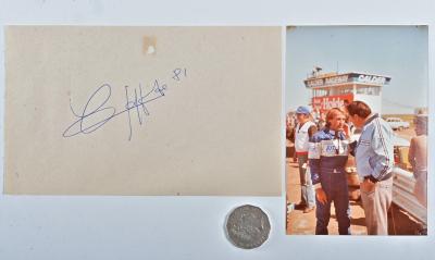 JACQUES-HENRI LAFITTE: A signed paper sheet by Australian Grand Prix winner Jacques-Henri Lafitte with an original photo of Laffite taking to Brabham at Calder