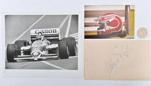 NELSON PIQUET: A signed paper sheet by Nelson Piquet, and two photos of Piquet