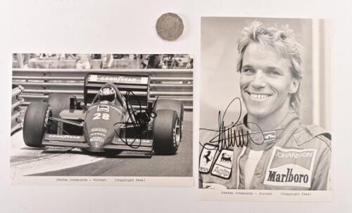 STEFAN JOHANSSON: Two signed photos of Stefan Johansson, one portrait and one in his Ferrari