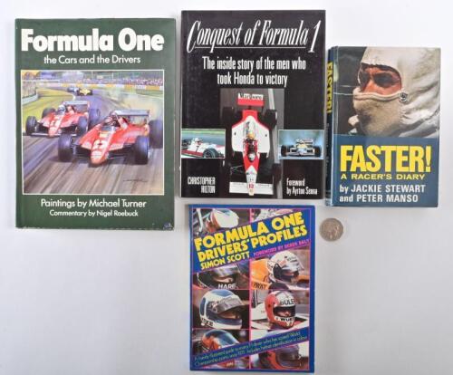 FORMULA ONE: Four hardcover book relating to Formula One, including "Faster! A Racer's Diary" by Jackie Stewart and Peter Manso