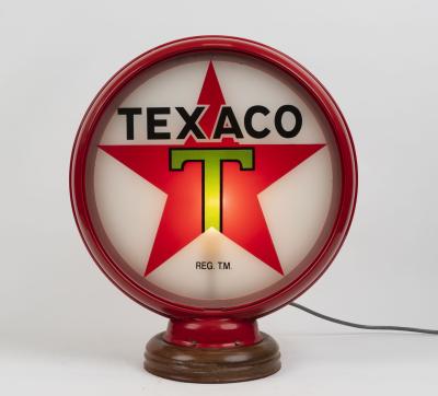 TEXACO: A reproduction double sided "Texaco" glass and metal bowser globe, fitted for electricity, 50cm high