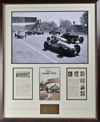 BRITISH GP: A large framed photograph and original signed official programme from the 1949 British GP Silverstone, signed by race winner Toulo De Graffenried (Maserati), Bob Gerard, Gigi Villoresi, Louis Chiron and Roy Salvadori