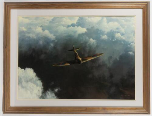 SPITFIRE: A large high quality print featuring a Spitfire in the clouds by Roulson, framed