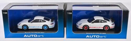 PORSCHE: A 1:64 scale NOS Autoart Porsche 911 including 2 models porsche 911 GT3 RS 2004 white with red stripes and porsche 911 GT3 RS 2004 white with blue stripes die-cast model