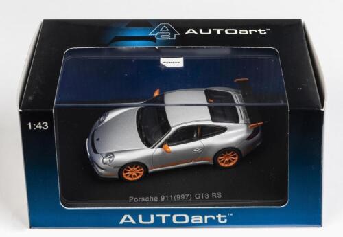 PORSCHE: A 1:43 scale NOS Autoart Porsche 997 GT3 RS silver with orange stripes die-cast model