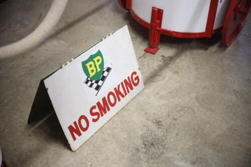 BP NO SMOKING: A circa 1960s/1970s hinged double sided painted tin sign 'NO SMOKING" from BP garage Adelaide International Raceway