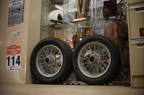 WIRE WHEELS: Two 15" 48 spoke wire wheels, with Dunlop Racing tyres "5.00L-15"