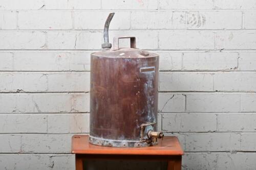 DRUM: An early 4-gallon brass drum with filler, 53cm high overall