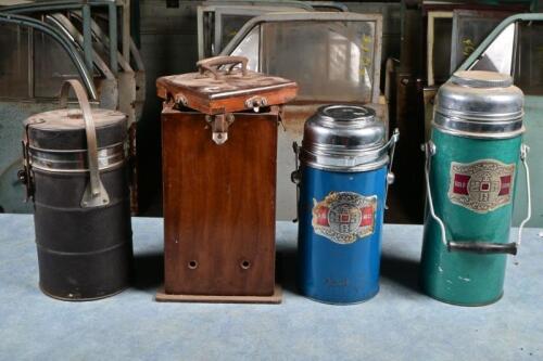 THERMOS: Three mid 20th century Chinese (Hong Kong)&nbsp;thermos', the blue one with fitted timber box