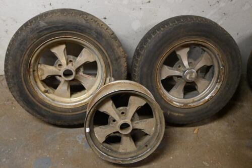 MAG WHEELS: Three 1970s Australian 13' five spoke and stud wheel, 2 with tyres