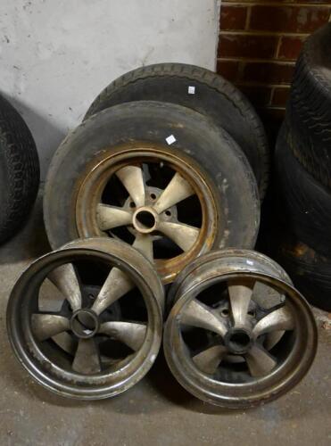 MAG WHEELS: Three 1970s Australian 13' five spoke and stud wheel, 2 with tyres and a 12' wheel
