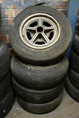 MAG WHEELS: Four 1970s Australian 13' five spoke and stud wheels, all with old tyres 175/75/R13