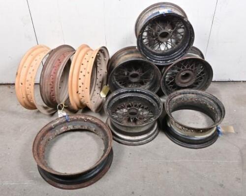 WIRE WHEELS: A collection of wire wheels including 4 x 13" (Ex-Harry Firth MG TC), 3 16" x 4" triple lace 60 spoke rims & 1 double laced rim