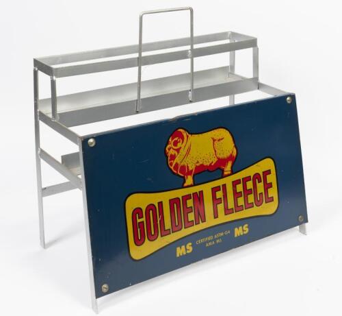 GOLDEN FLEECE: A late 1950s Golden Fleece oil bottle rack complete with Golden Fleece MS sign, 50cm high, 51cm wide, 17cm deep
