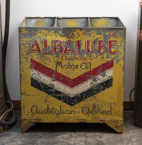 ALBALUBE: An "Albalube Aero Motor Oil" 3 compartment rivetted steel oil highboy, 82cm high, 77cm wide, 47cm deep