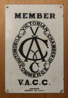 V.A.C.C: An original Victorian Automotive Chamber of Commerce member enamel sign, together with VACC ephemera including "the Garagemens Responsibilities" and "Retail Price List of Petroleum Products", 45.5cm high, 30.5cm wide - 2