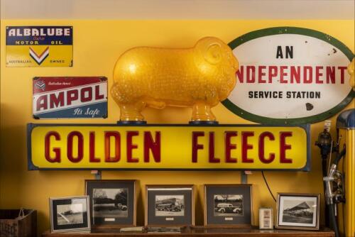 GOLDEN FLEECE: A stunning original 1950s Golden Fleece double sided post mount illuminated sign, Ex Riordan's Garage in Woomelang Victoria, 86cm high, 184cm wide, 19cm deep