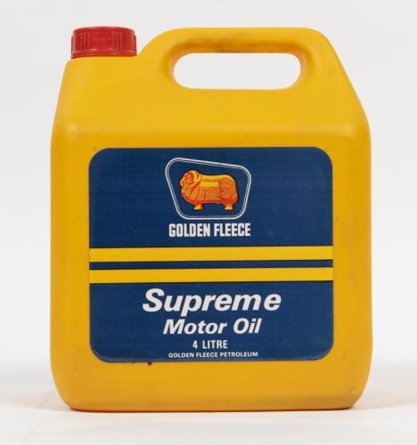 GOLDEN FLEECE: A four litre Golden Fleece Supreme Motor Oil plastic container, marked lower centre "Golden Fleece Petroleum"