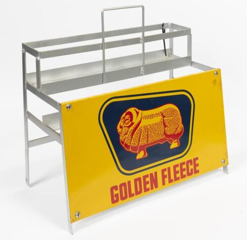 GOLDEN FLEECE: A 10 bottle oil rack complete with a NOS late 1960's sign; 2nd of 2 from Flynn's Golden Fleece Service Station in West Footscray, 50cm high, 51cm wide, 17cm deep