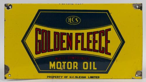 GOLDEN FLEECE: A circa late 1940s Golden Fleece Multi Compounded enamelled oil bottle rack sign, featuring the hex logo, marked to lower centre "Property of HC Sleigh Limited, 51 x 28cm