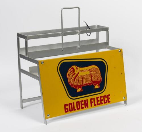 GOLDEN FLEECE: A ten bottle oil rack complete with a NOS late 1960's sign; first of two from Flynn's Golden Fleece Service Station in West Footscray, 50cm high, 51cm wide, 17cm deep