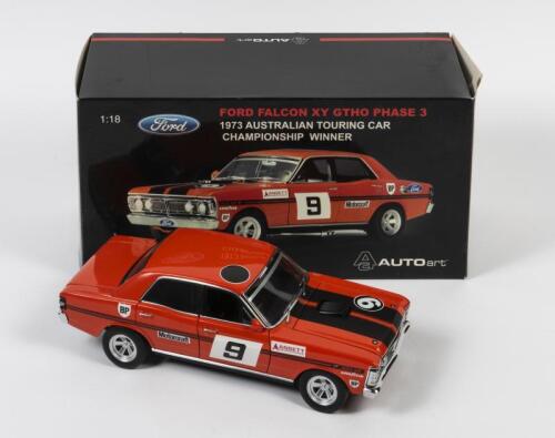 FALCON: A 1:18 scale Autoart Ford XY Falcon GTHO phase III as raced by Allan Moffat in 1973 Australian Touring Car Championship winner, #9, with COA signed by Allan Moffat numbered 340/6000,in fitted box