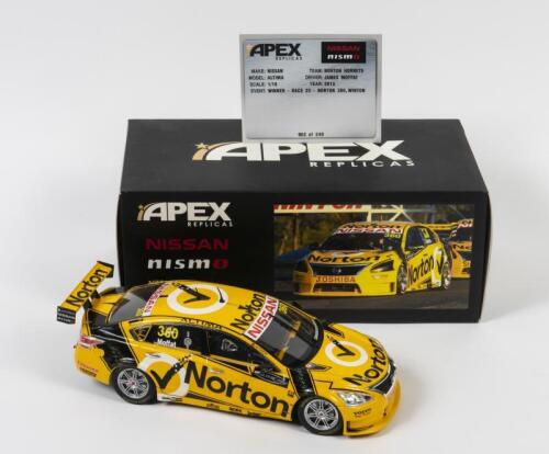 ALTIMA: A 1:18 scale Apex Replicas Nissan Altima as raced by James Moffat in 2013 Norton 360 winner, #360, with COA numbered 3/240, in fitted box