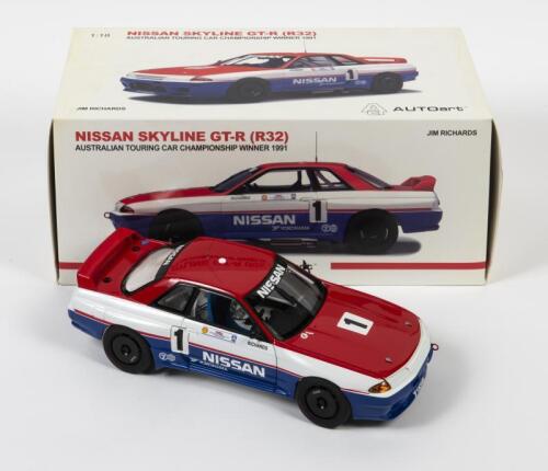 SKYLINE: A 1:18 scale Autoart Nissan Skyline GT-R (R32) as raced by Jim Richards in 1991 Australian Touring Car Championship winner, #1,with signed COA numbered 607/1300,in fitted box