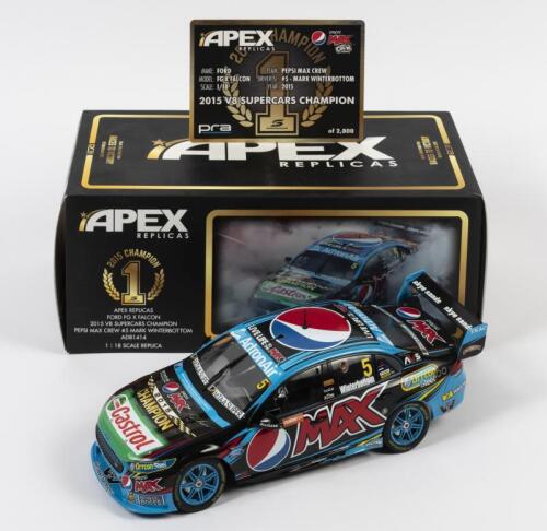 FALCON: A limited edition 1:18 scale Apex Replicas Ford FG X Falcon as raced by Mark Winterbottom in 2015 V8 Supercars Champion, #5, Team Pepsi Max Crew livery, With COA numbered 1303/2800,in fitted box