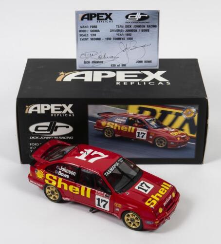 SIERRA: A limited edition 1:18 scale Apex Replicas Ford Sierra RS500 as raced by Dick Dick Johnson/John Bowe in 1992 Tooheys 1000, #17, with COA numbered 630/900 signed by Dick Johnson/John Bowe, in fitted box