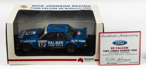 FALCON: A limited edition 1:18 scale Biante Ford Falcon XE as raced by Dick Johnson/John French in 1982 Bathurst James Hardie 1000, with COA numbered 187/3100 signed by Johnson, in fitted box