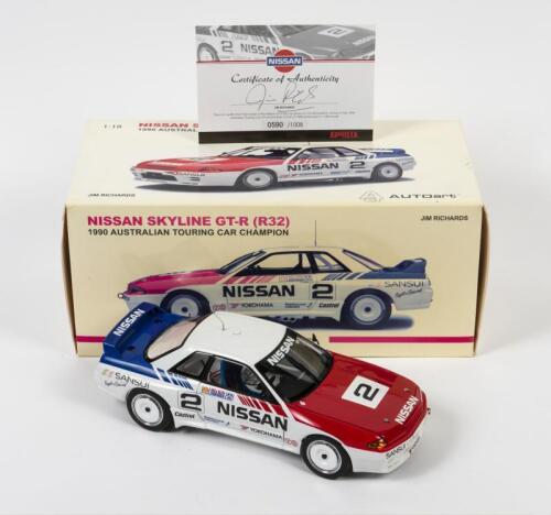 SKYLINE: A limited edition 1:18 scale Autoart Nissan Skyline GT-R (R32) as raced by Jim Richards in 1990 Australian Touring Car Championship winner, #2, with COA numbered 590/1008, signed by Jim Richards, in fitted box