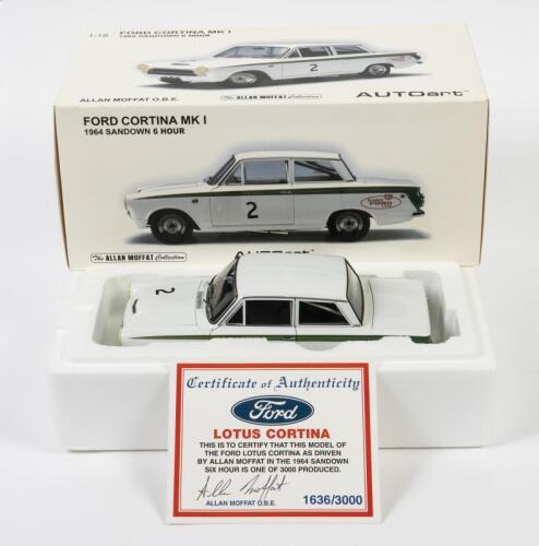 CORTINA: A limited edition 1:18 scale Autoart Ford Lotus Cortina MK I as raced by Allan Moffat in 1964 Sandown six hour, #2, With COA numbered 1636/3000, in fitted box