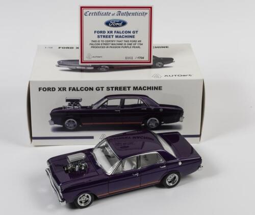 FALCON: A 1:18 scale Autoart Ford XR Falcon GT Street Machine, purple pearl with orange stripes/ white interior, with COA numbered 1161/1704, in fitted box