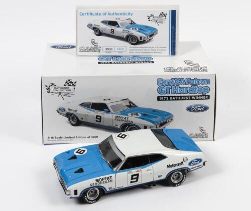 FALCON: A limited edition 1:18 scale Classic Carlectables Ford XA Falcon GT Hardtop, 1973 Bathurst Winner, number #9, white/blue, with COA numbered 3930/4800, missing mirror, in double fitted box
