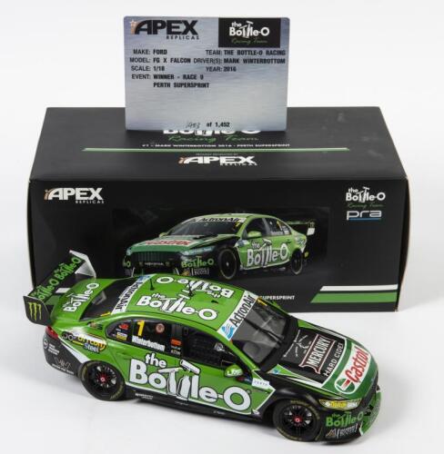 FALCON: A limited edition 1:18 scale Apex Replicas Ford Falcon FG X as raced by Mark Winterbottom in 2016 raced 9 Perth Supersprint winner, the bottle-o team, #1, with COA numbered 1403/1452, in fitted box