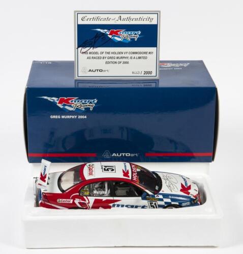 COMMODORE: A limited edition 1:18 scale Autoart Holden Commodore VY as raced by Greg Murphy in 2004 Kmart racing, #51, with COA numbered 443/2000 signed by Murphy, hood signed by Murphy, in fitted box