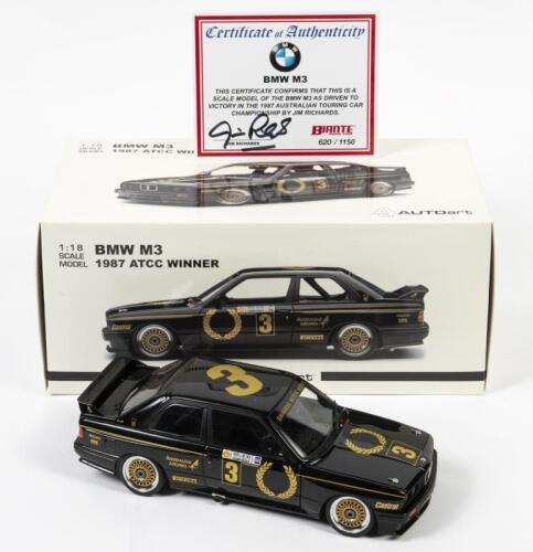 M3: A limited edition 1:18 Autoart BMW M3 as raced by Jim Richards in 1987 ATCC winner, #3, with COA numbered 620/1150 signed by Richards, left rearview mirror broken, in fitted box