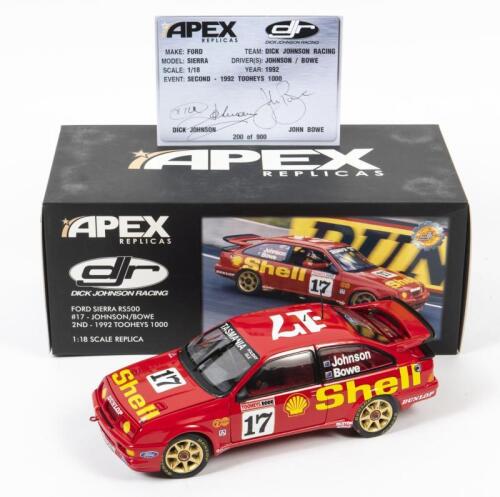 SIERRA: A limited edition 1:18 scale Apex Replicas Ford Sierra RS500 as raced by Dick Dick Johnson/John Bowe in 1992 Tooheys 1000, #17, with COA numbered 200/900 signed by Dick Johnson/John Bowe, in fitted box