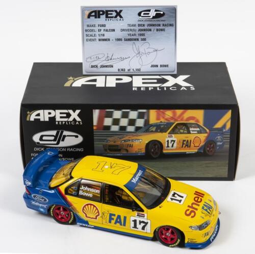 FALCON: A limited edition 1:18 scale Apex Ford Falcon EF as raced by Dick Johnson/John Bowe in 1995 Sandown 500 winner, #17, with COA numbered 743/1152 signed by Dick Johnson/John Bowe, in fitted box