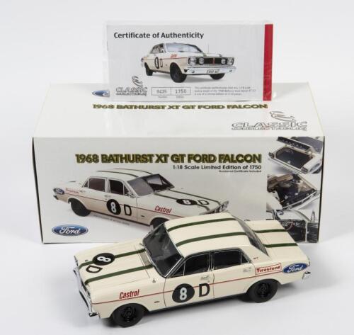 FALCON: A limited edition 1:18 scale Classic Carlectables Ford Falcon XT GT as raced by Leo Geoghegan in 1968 Ford Works Team Hardie Ferodo, #D8, with COA numbered 438/1750, in double fitted box