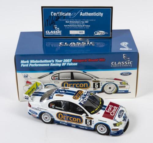 FALCON: A limited edition 1:18 scale Classic Carlectables Ford Falcon BF as raced by Mark Winterbottom in 2007, inaugural round win, #5, with COA numbered 1791/1825 signed, in double fitted box, box faded